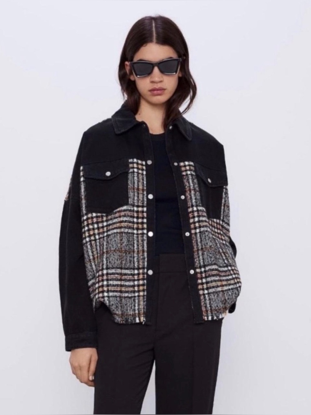 ZARA Contrast Black Denim Tweed Plaid Mix Snaps Outer Jacket Shacket Small Fall
